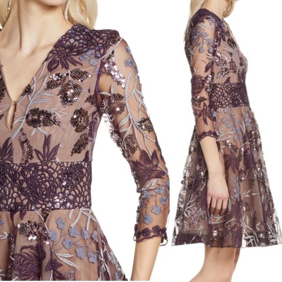 Bronx and Banco Purple Fiora Sequin Embroidered Mesh ¾ Sleeve Mini Dress Size 4 - Picture 3 of 17